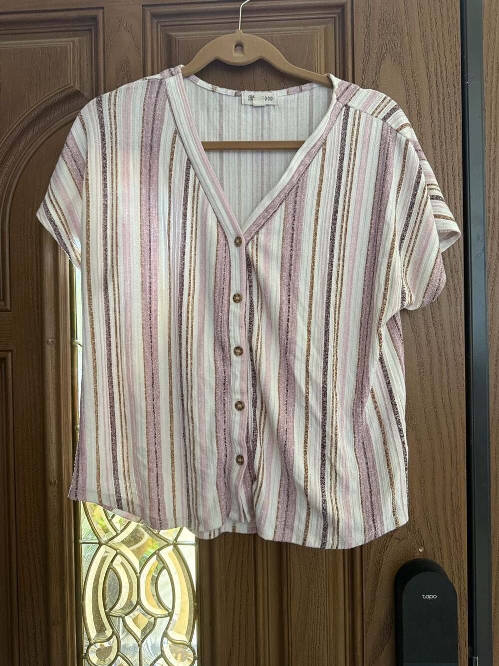 Blue Mood Striped V-Neck Button-Down Blouse Pink White